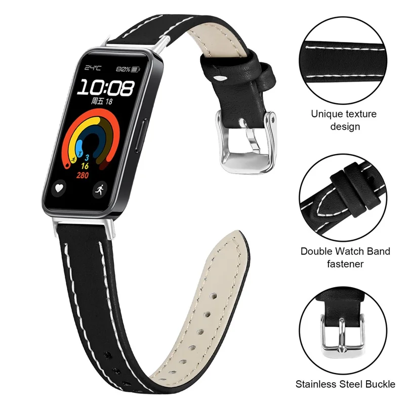 For Huawei Band 10  /  9  /  8 Genuine Cow Leather Watch Strap Adjustable Replacement Band with Silver Buckle - Black