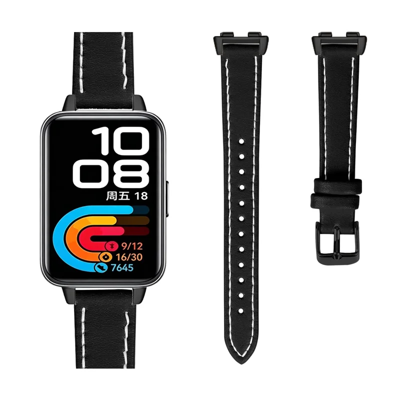 For Huawei Band 10  /  9  /  8 Genuine Cow Leather Watch Strap Adjustable Replacement Band with Black Buckle - Black