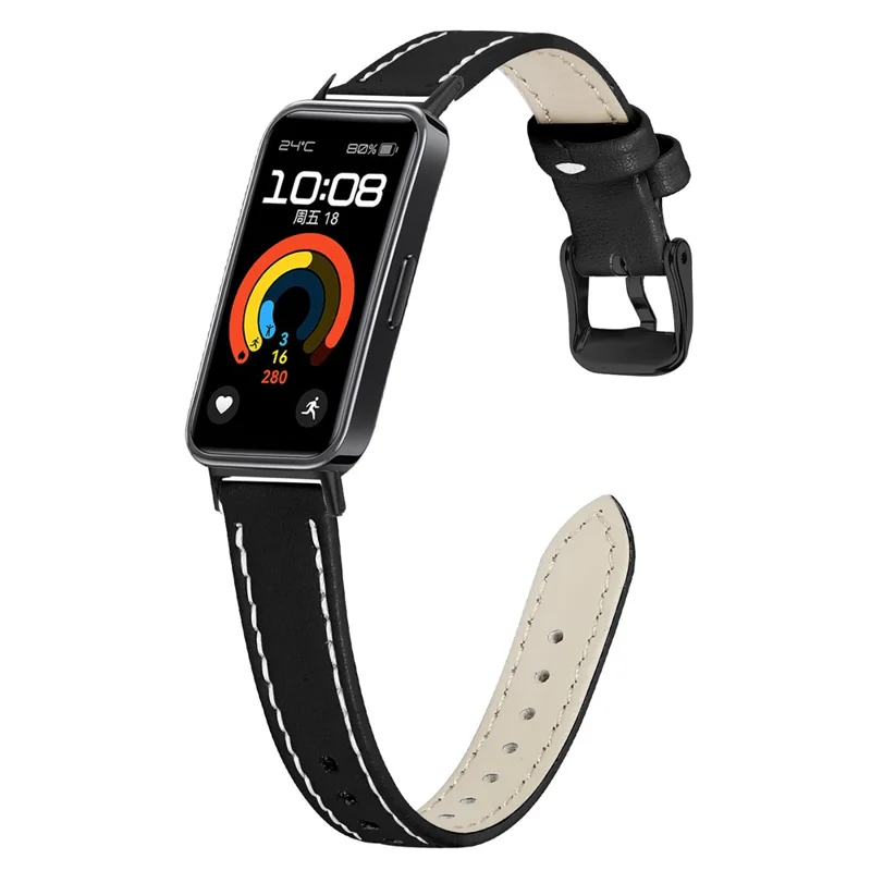 For Huawei Band 10  /  9  /  8 Genuine Cow Leather Watch Strap Adjustable Replacement Band with Black Buckle - Black