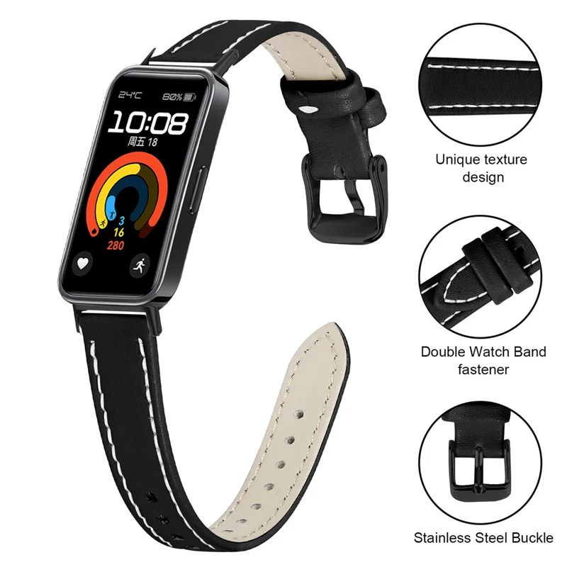For Huawei Band 10  /  9  /  8 Genuine Cow Leather Watch Strap Adjustable Replacement Band with Black Buckle - Black