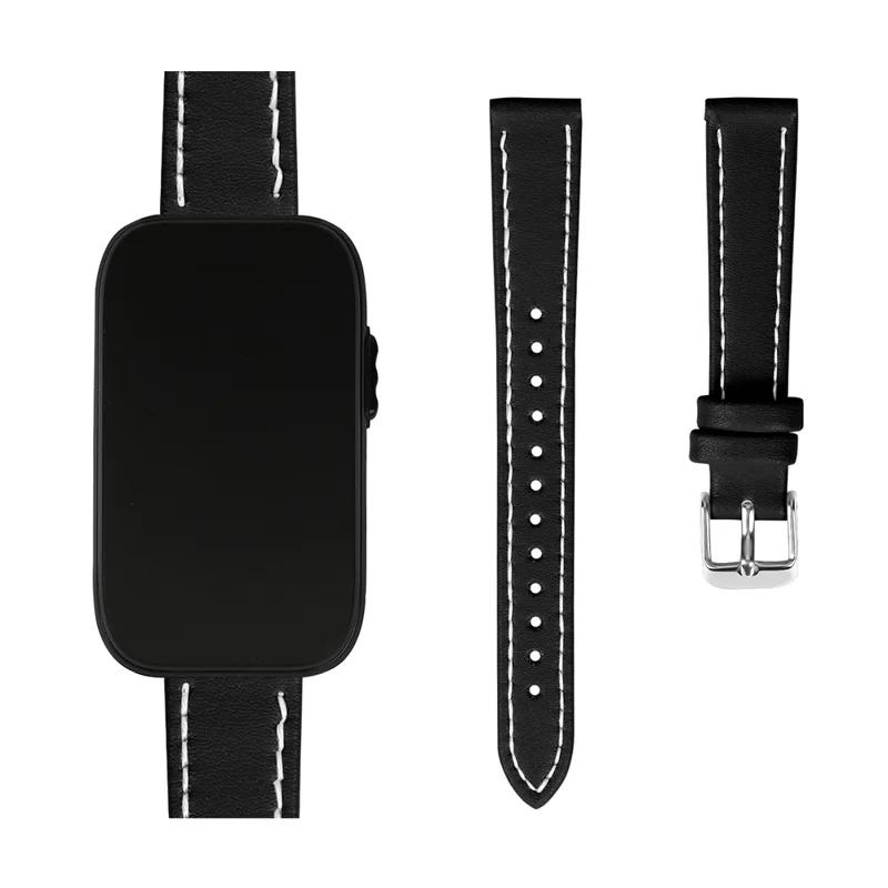 For Garmin CIRQA Smart Band 14mm Genuine Cow Leather Watch Strap Adjustable Replacement Band with Silver Buckle - Black