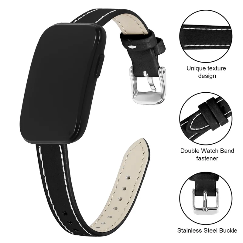 For Garmin CIRQA Smart Band 14mm Genuine Cow Leather Watch Strap Adjustable Replacement Band with Silver Buckle - Black