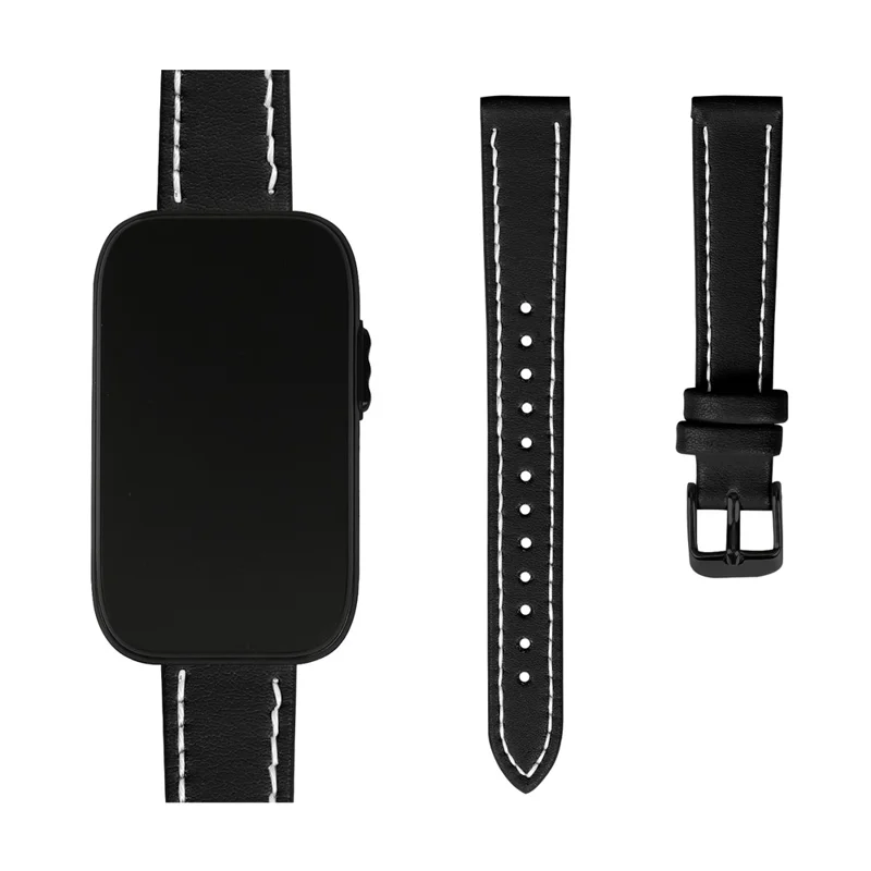 For Garmin CIRQA Smart Band 14mm Genuine Cow Leather Watch Strap Adjustable Replacement Band with Black Buckle - Black