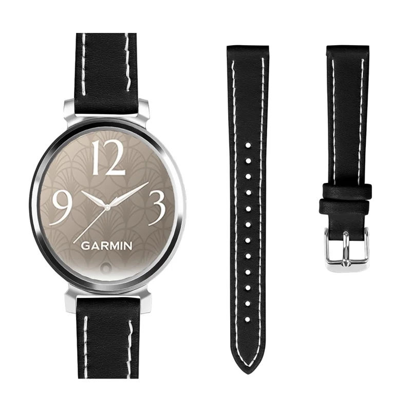 14mm Watch Strap for Garmin Lily 2 Genuine Cow Leather Adjustable Replacement Band with Silver Buckle - Black