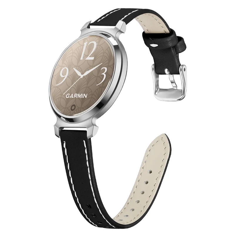 14mm Watch Strap for Garmin Lily 2 Genuine Cow Leather Adjustable Replacement Band with Silver Buckle - Black