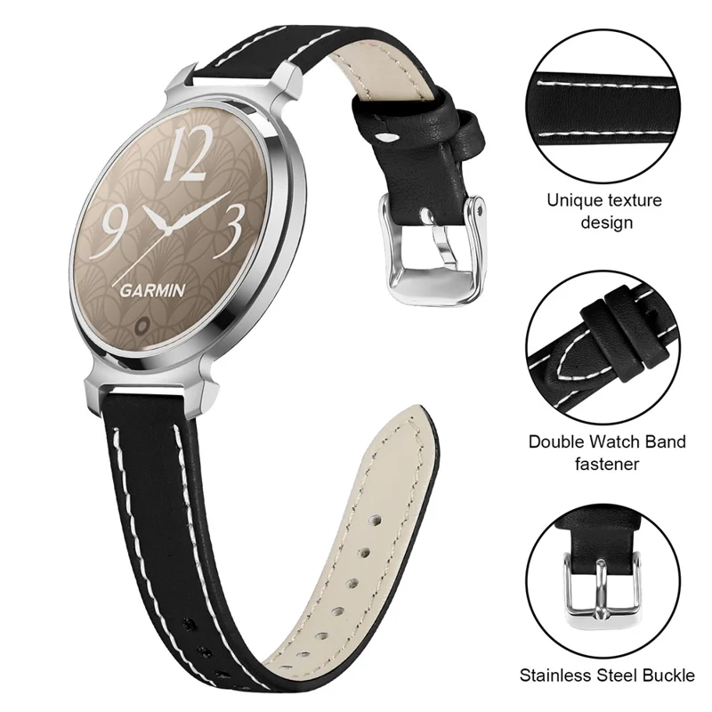 14mm Watch Strap for Garmin Lily 2 Genuine Cow Leather Adjustable Replacement Band with Silver Buckle - Black