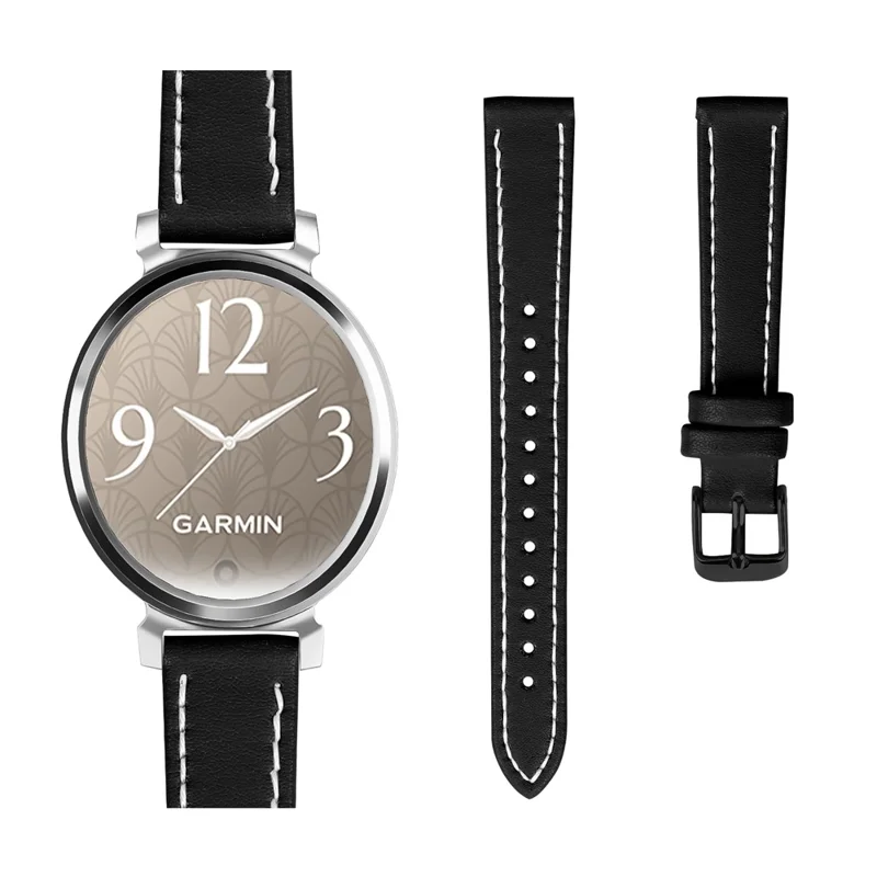 14mm Watch Strap for Garmin Lily 2 Genuine Cow Leather Adjustable Replacement Band with Black Buckle - Black