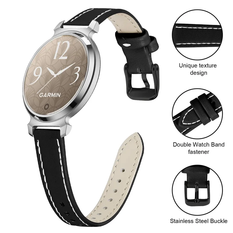 14mm Watch Strap for Garmin Lily 2 Genuine Cow Leather Adjustable Replacement Band with Black Buckle - Black