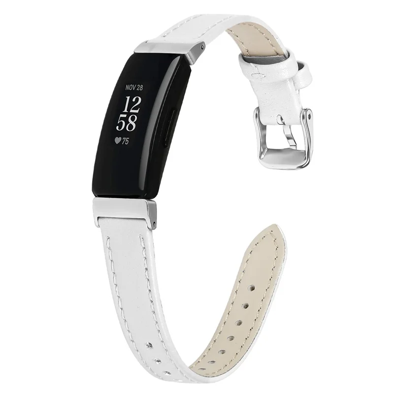 Para Fitbit Inspire 2 Correia de Relógio em Couro Legítimo de Vaca Correia de Substituição Ajustável com Fivela Prateada - Branco
