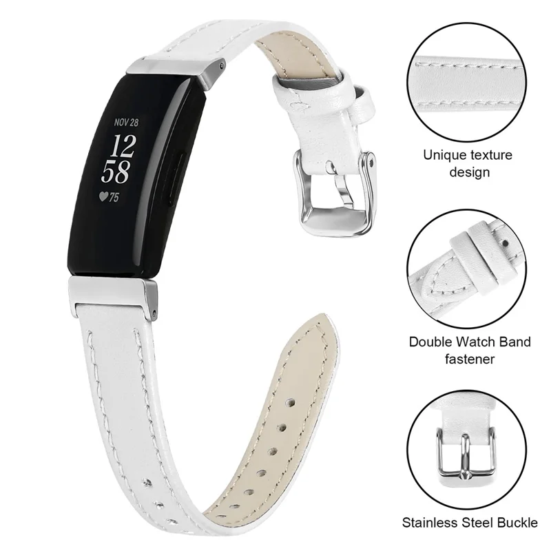 Para Fitbit Inspire 2 Correia de Relógio em Couro Legítimo de Vaca Correia de Substituição Ajustável com Fivela Prateada - Branco