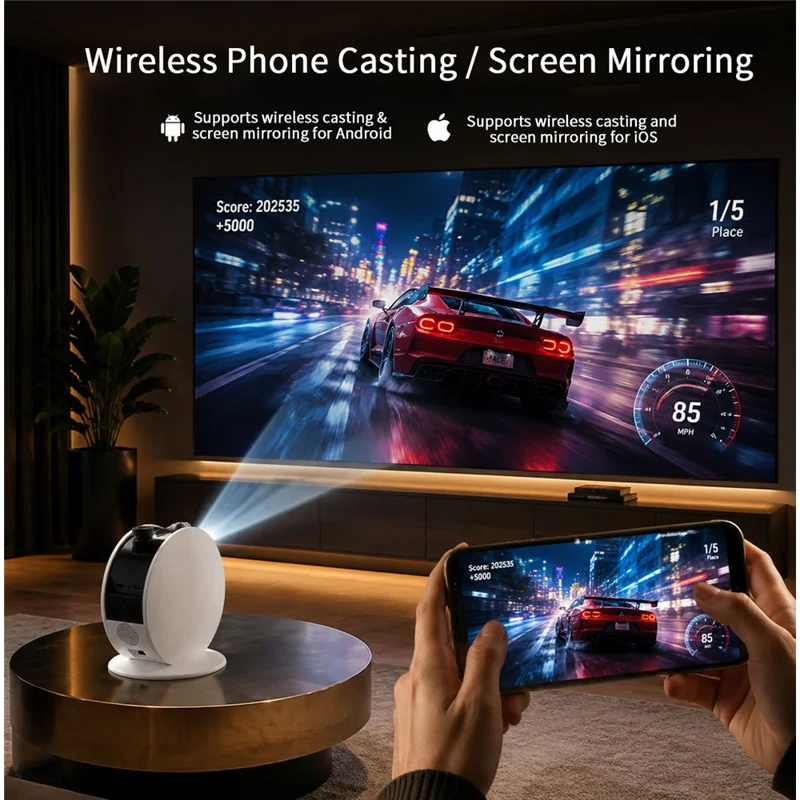 D1-BL Projecteur 2-en-1 avec Lumière Stellée, Mise au Point Électrique, Système Android, WiFi 6, Mirroring sans Fil - Blanc / Prise UE