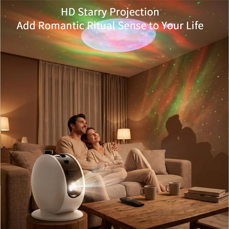 D1-BL Projecteur 2-en-1 avec Lumière Stellée, Mise au Point Électrique, Système Android, WiFi 6, Mirroring sans Fil - Blanc / Prise UE