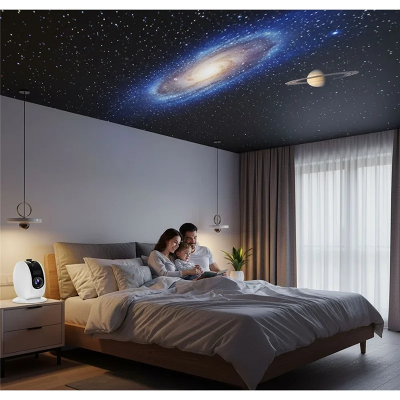D1-BL Projecteur 2-en-1 avec Lumière Stellée, Mise au Point Électrique, Système Android, WiFi 6, Mirroring sans Fil - Blanc / Prise UE
