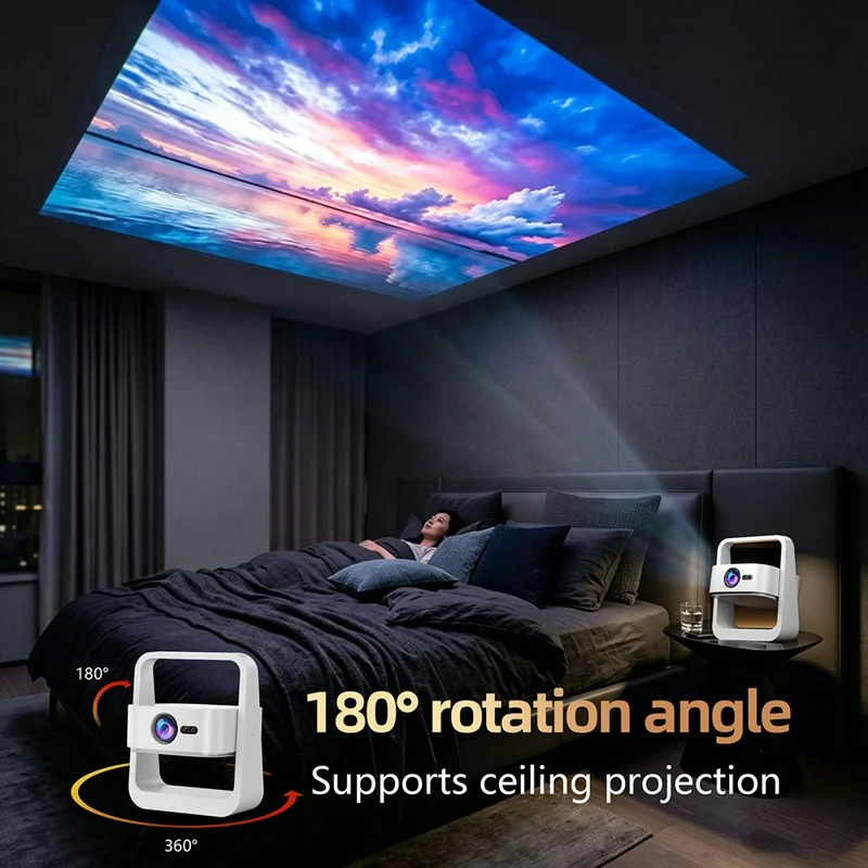 Q8-2 1080P Full HD Mini Projector Android WiFi 6 180 Degree Rotation for Ceiling Projection - White  /  EU Plug