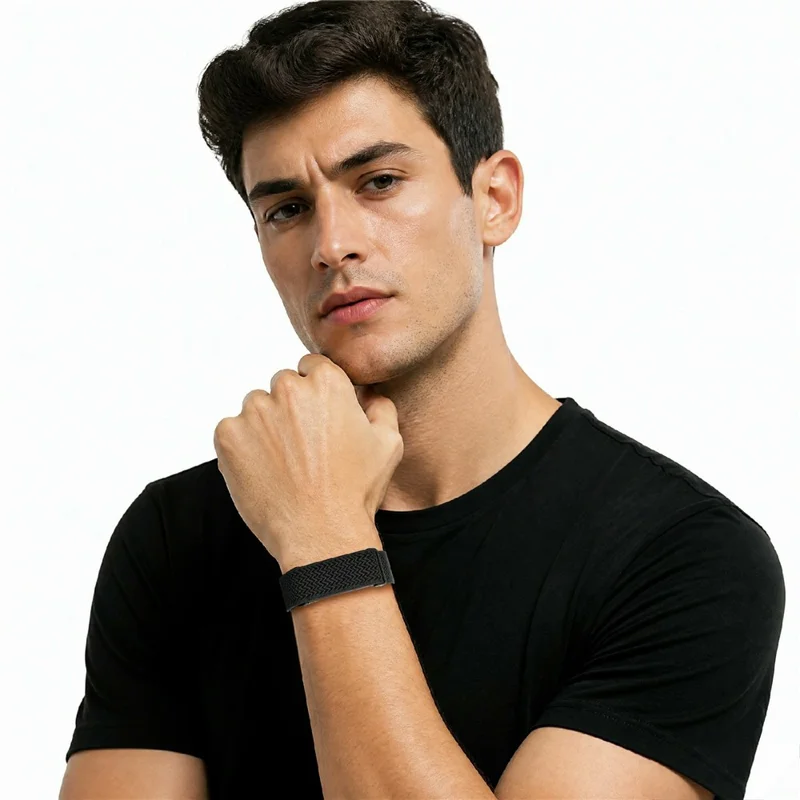 For Google Fitbit Air Woven Nylon Watch Strap with Metal Watch Case Elastic Herringbone Texture Watchband - Black