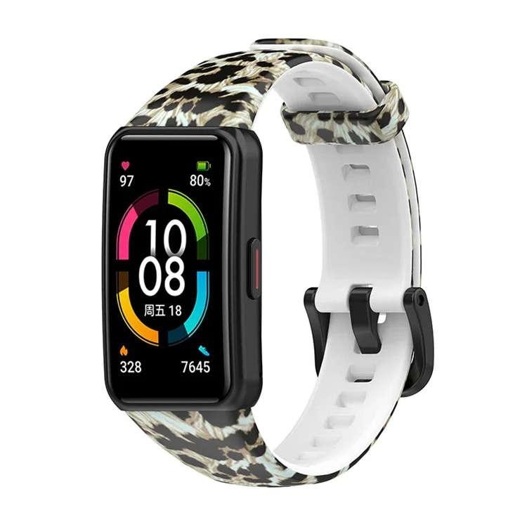 Стильный принтованный силиконовый сменный ремешок для умных часов Huawei Band 6 / Honor Band 6 - коричневый леопард