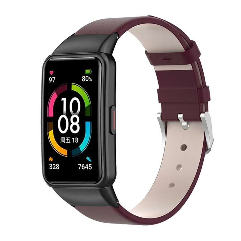 Top Layer Genuine Leather Quick Release Watch Band Strap Replacement for Huawei Band 6/Honor Band 6 - Wine Red