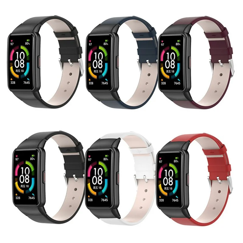 Top Layer Genuine Leather Quick Release Watch Band Strap Replacement for Huawei Band 6/Honor Band 6 - Wine Red