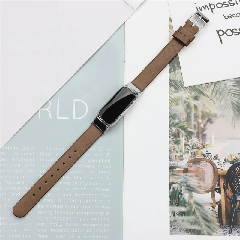 Genuine Leather Watch Strap Adjustable Watchband Replacement, Size L (14.3+9.4cm) for Fitbit Luxe - Brown