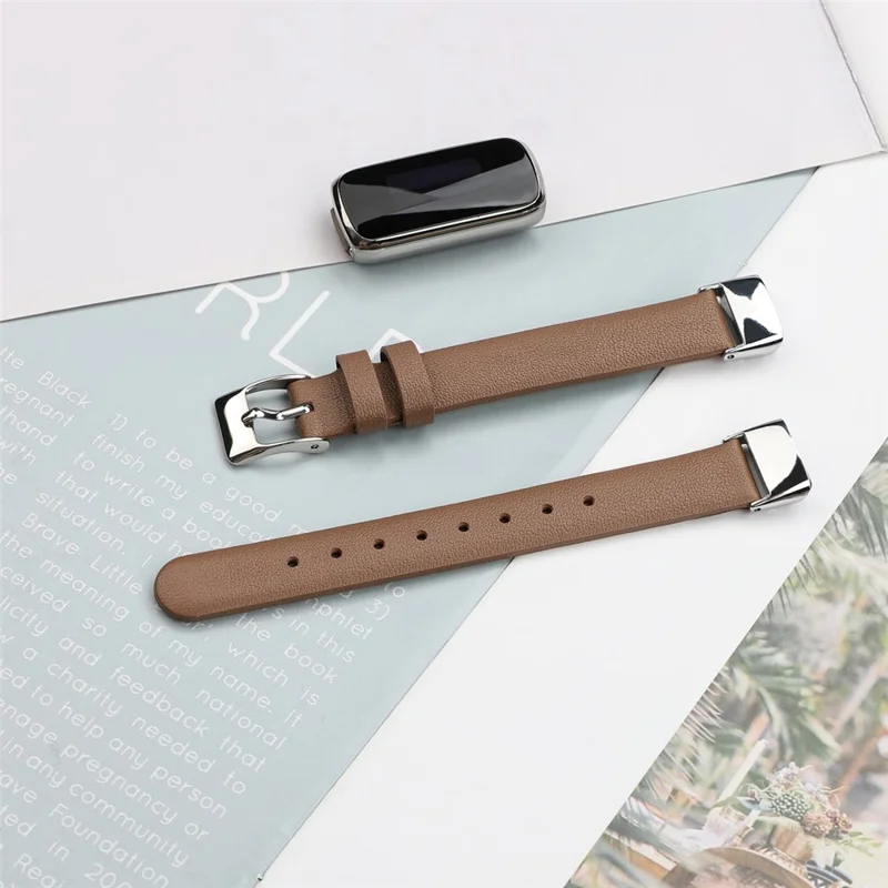 Genuine Leather Watch Strap Adjustable Watchband Replacement, Size L (14.3+9.4cm) for Fitbit Luxe - Brown
