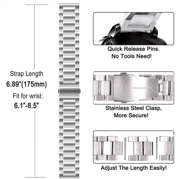 JLT 20mm Three Beads Stainless Steel Watch Band Flat Buckles for Samsung Galaxy Watch6 40mm 44mm / Watch6 Classic 43mm 47mm / Watch 5 40mm 44mm / 5 Pro 45mm / Watch4 40mm 44mm - Silver