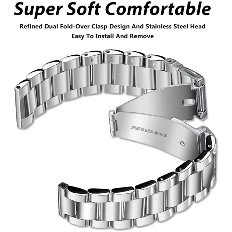 JLT 22mm Three Beads Stainless Steel Watch Band Metal Heavy Watch Flat Bracelets Strap for Samsung Galaxy Watch3 45mm - Silver