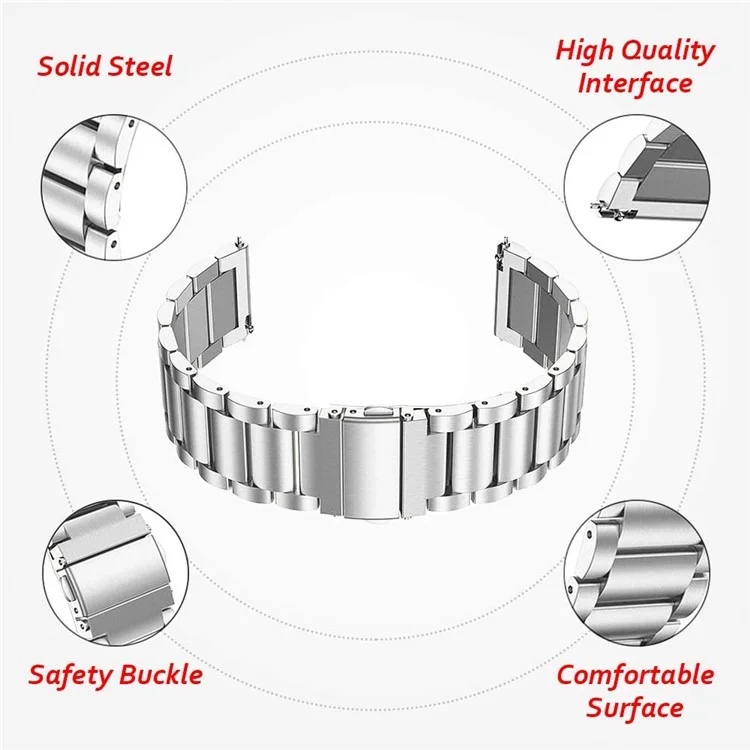 JLT 22mm Three Beads Stainless Steel Watch Band Metal Heavy Watch Flat Bracelets Strap for Samsung Galaxy Watch3 45mm - Silver