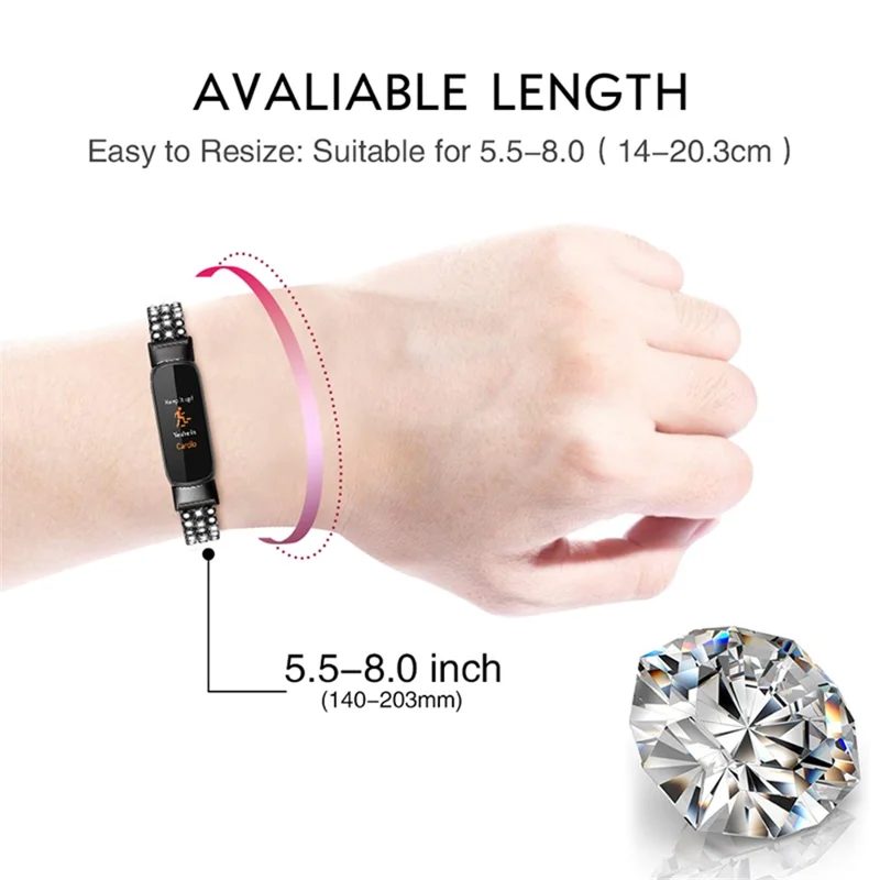 Round Rhinestone Stainless Steel Watch Strap Metal Wristband Bracelet for Fitbit Luxe - Black