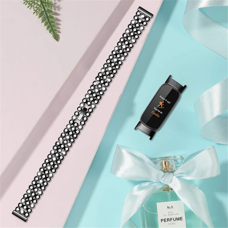 Round Rhinestone Stainless Steel Watch Strap Metal Wristband Bracelet for Fitbit Luxe - Black