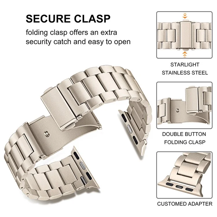 Watch Strap for Apple Watch Series 10 42mm / 9 8 7 41mm / SE (2023) SE (2022) SE 6 5 4 40mm / 3 2 1 38mm Three Beads Stainless Steel Watch Band - Starlight