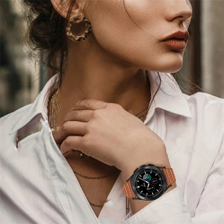 Wave Stitching Line Genuine Leather Smart Watch Strap for Samsung Galaxy Watch6 40mm 44mm / Watch6 Classic 43mm 47mm / Watch 5 40mm 44mm / 5 Pro 45mm / Watch4 40mm 44mm - Brown