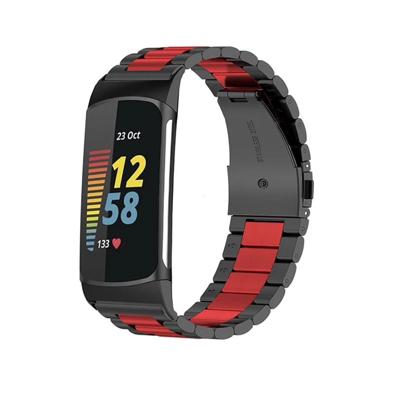 Correia de Relógio Inteligente em Aço Inoxidável para Fitbit Charge 6 / 5, Pulseira com Ferramenta de Substituição - Preto / Vermelho / Preto