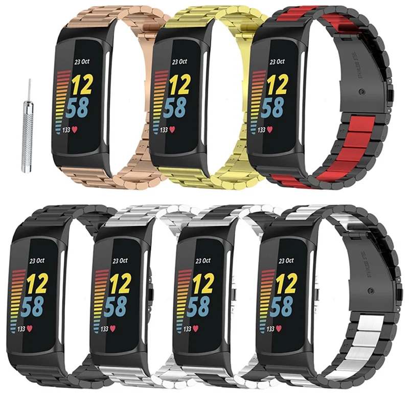 Correia de Relógio Inteligente em Aço Inoxidável para Fitbit Charge 6 / 5, Pulseira com Ferramenta de Substituição - Preto / Vermelho / Preto