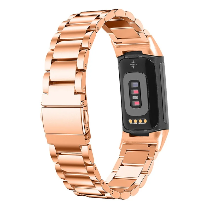 Pulseira de Aço Inoxidável Luxuosa com 3 Contas para Substituição de Smartwatch Fitbit Charge 5 - Ouro Rosa