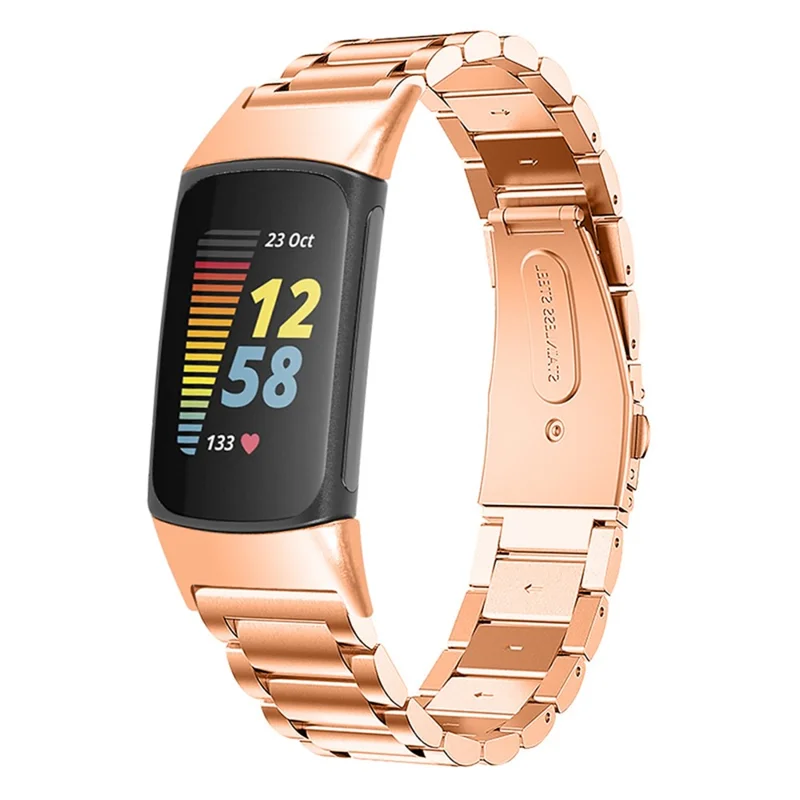 Pulseira de Aço Inoxidável Luxuosa com 3 Contas para Substituição de Smartwatch Fitbit Charge 5 - Ouro Rosa