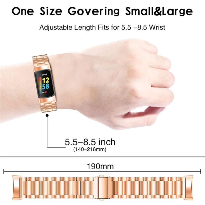 Pulseira de Aço Inoxidável Luxuosa com 3 Contas para Substituição de Smartwatch Fitbit Charge 5 - Ouro Rosa