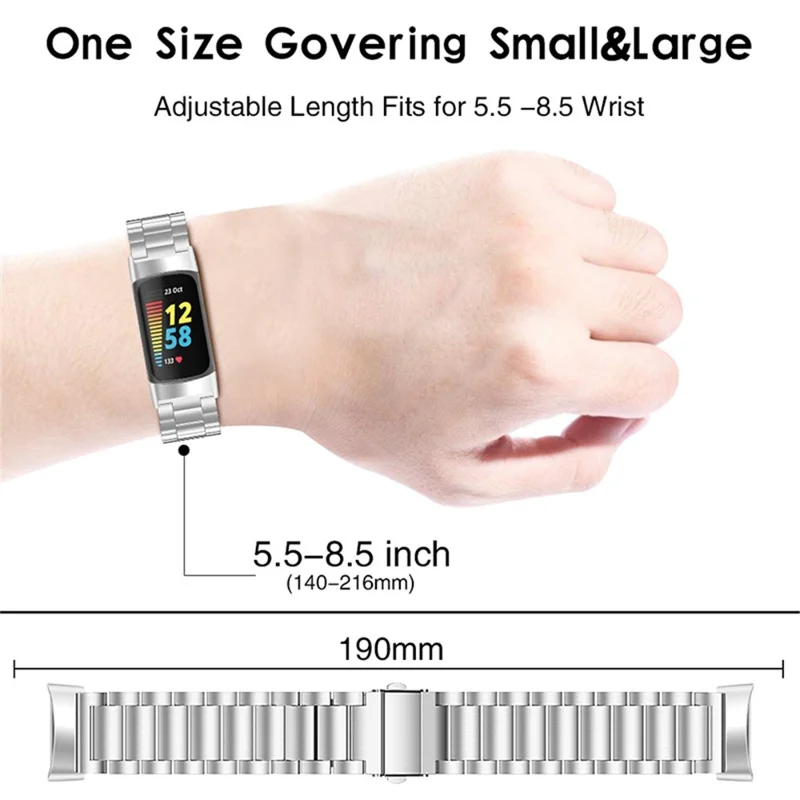 Stainless Steel Metal Band 3 Beads Replacement Watch Strap for Fitbit Charge 6 / 5 - Silver