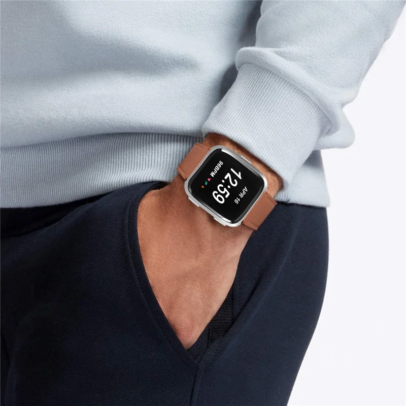 Top Layer Cowhide Genuine Leather Strap Smart Watch Accessories for Fitbit Versa/Fitbit Versa 2 - Brown