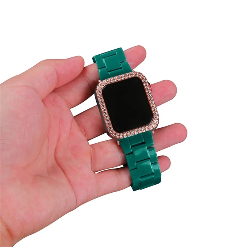 غطاء واقي مزخرف بحجارة الراين وحزام لساعة Apple Watch Series 6 / 5 / 4 / SE 44 مم / SE (2022) 44 مم - أخضر داكن / ذهبي وردي