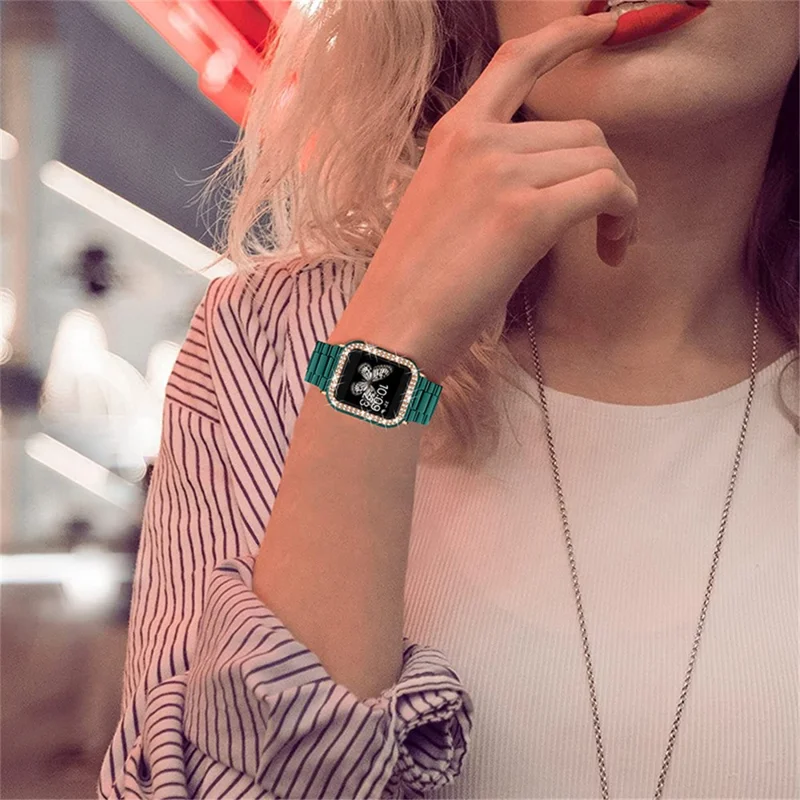 غطاء واقي مزخرف بحجارة الراين وحزام لساعة Apple Watch Series 6 / 5 / 4 / SE 44 مم / SE (2022) 44 مم - أخضر داكن / ذهبي وردي