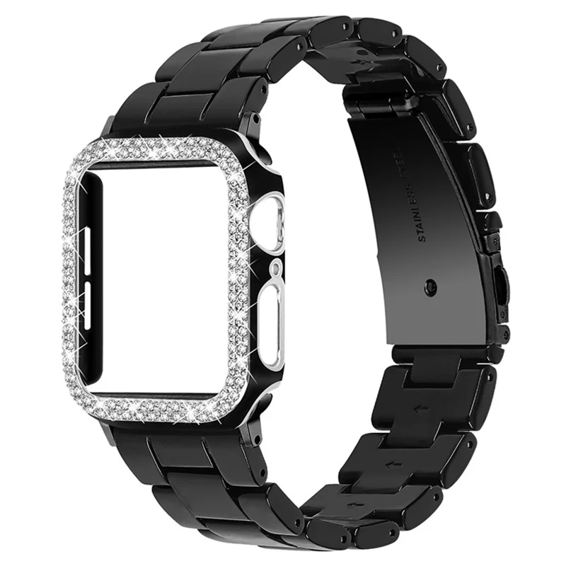 Сменный ремешок и чехол для часов с декором из кристаллов для Apple Watch Series 6/5/4/SE 40мм - черный/серебристый