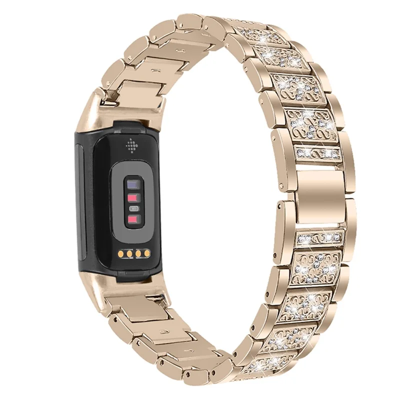 Bling Rhinestone Metal Watch Band Women Replacement Strap for Fitbit Charge 6 / 5 - Retro Gold