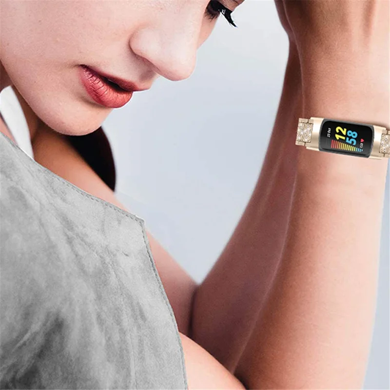 Bling Rhinestone Metal Watch Band Women Replacement Strap for Fitbit Charge 6 / 5 - Retro Gold