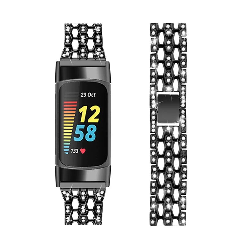 Women 3 Rows Rhinestone Metal Watch Band Slim Replacement Strap for Fitbit Charge 6 / 5 - Black / White
