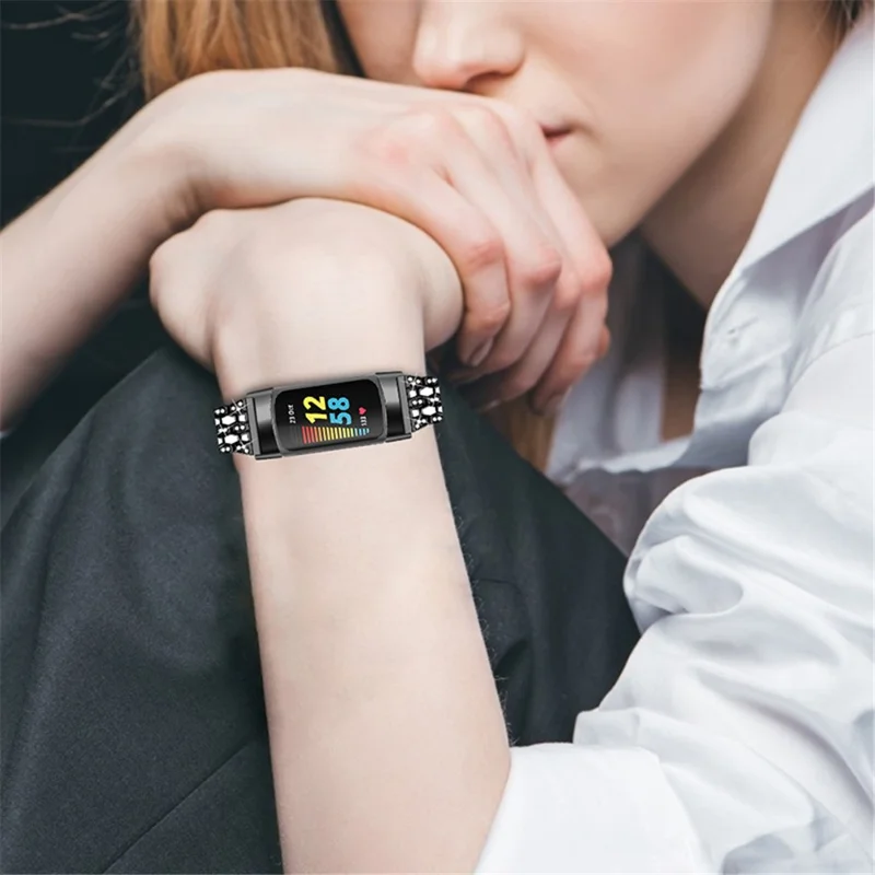 Women 3 Rows Rhinestone Metal Watch Band Slim Replacement Strap for Fitbit Charge 6 / 5 - Black / White