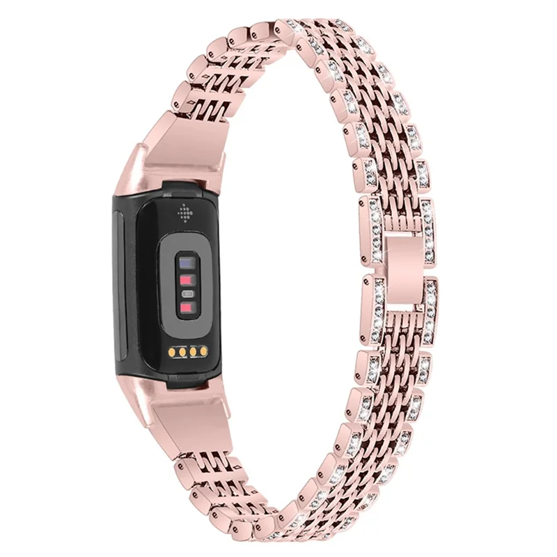 Тонкий ремешок для часов Fitbit Charge 6 / 5 с декоративной кромкой из страз в два ряда, металлическая полоска — розовый