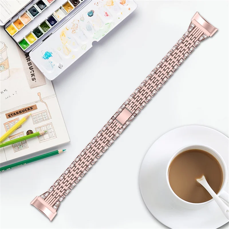 Тонкий ремешок для часов Fitbit Charge 6 / 5 с декоративной кромкой из страз в два ряда, металлическая полоска — розовый