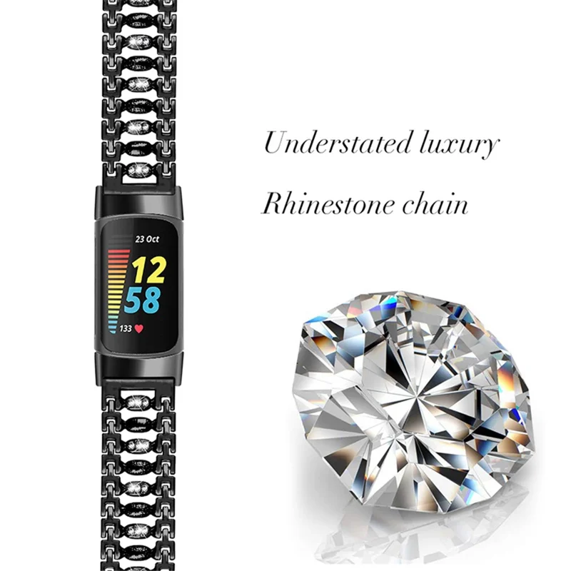 Metal Watch Band with Rhinestone Decor Replacement Strap for Fitbit Charge 6 / 5 - Black