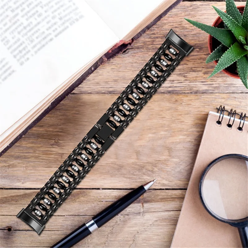 Metal Watch Band with Rhinestone Decor Replacement Strap for Fitbit Charge 6 / 5 - Black