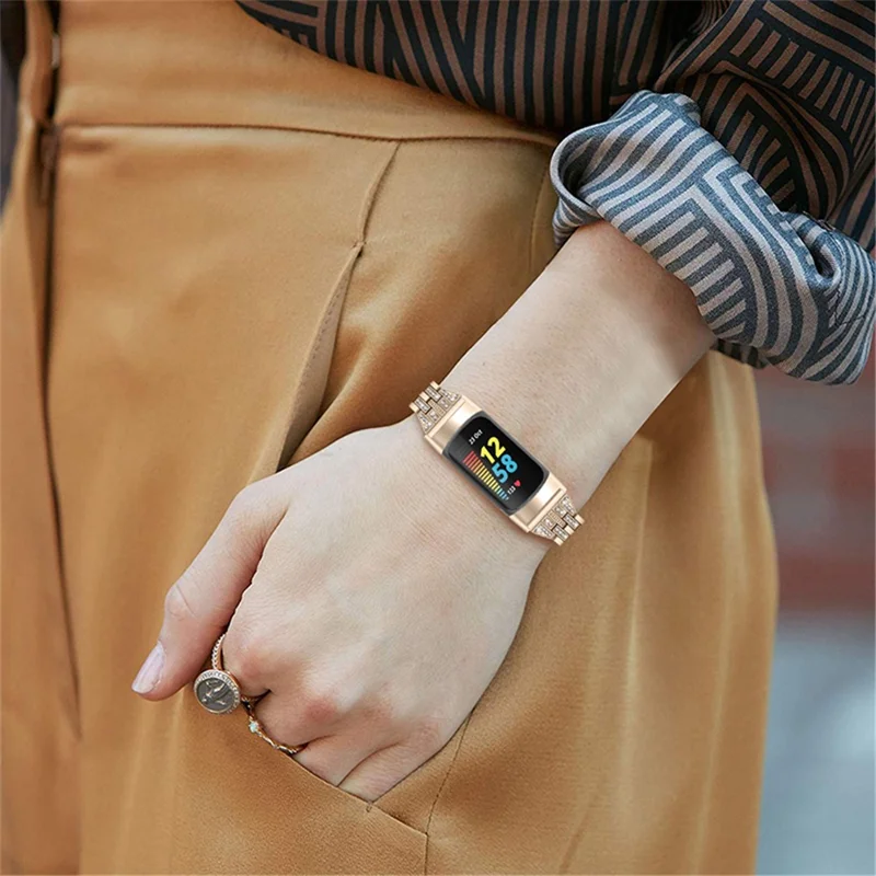 Fashion Women Replacement 2 Rows Rhinestone Metal Watch Band Strap for Fitbit Charge 6 / 5 - Retro Gold